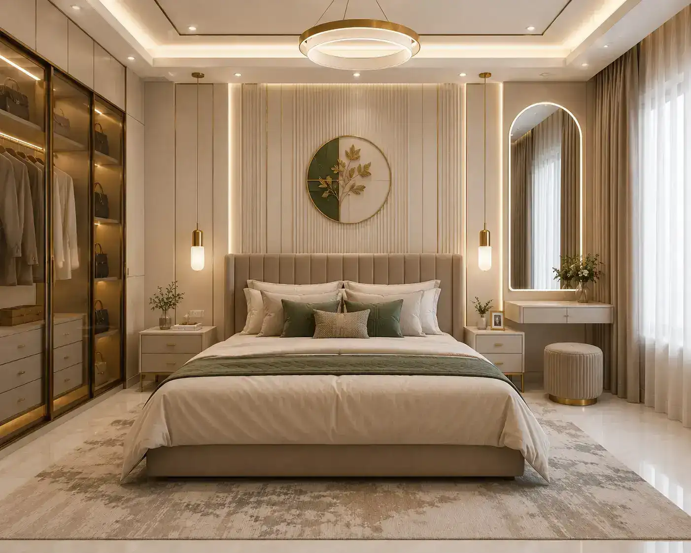 Glass-front backlit wardrobe beside a bed in a modern Bangalore bedroom
