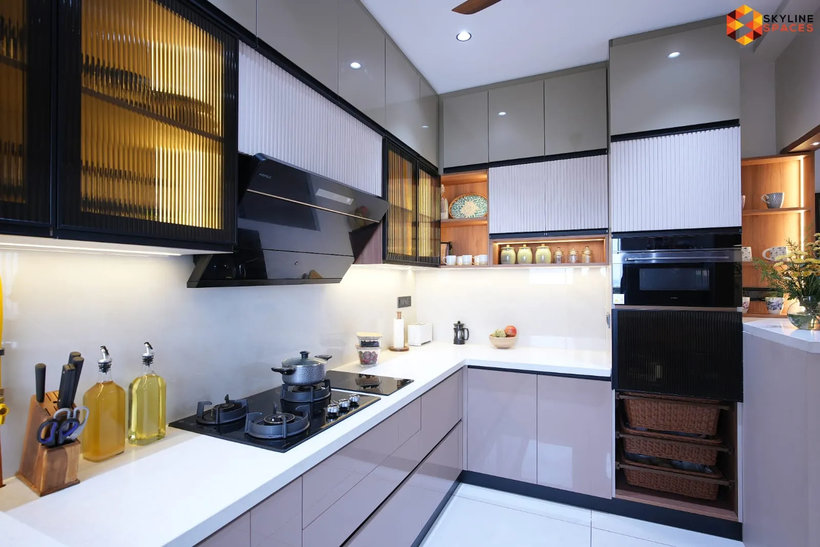 Signature tier modular kitchen with fluted glass cabinets, Bangalore