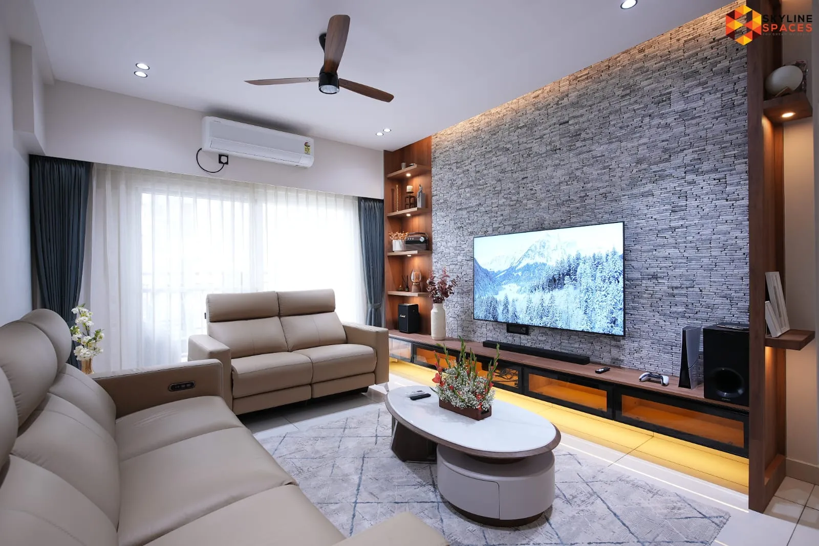 Signature tier living room with green cane-style sofa and curtain pelmet, Bangalore