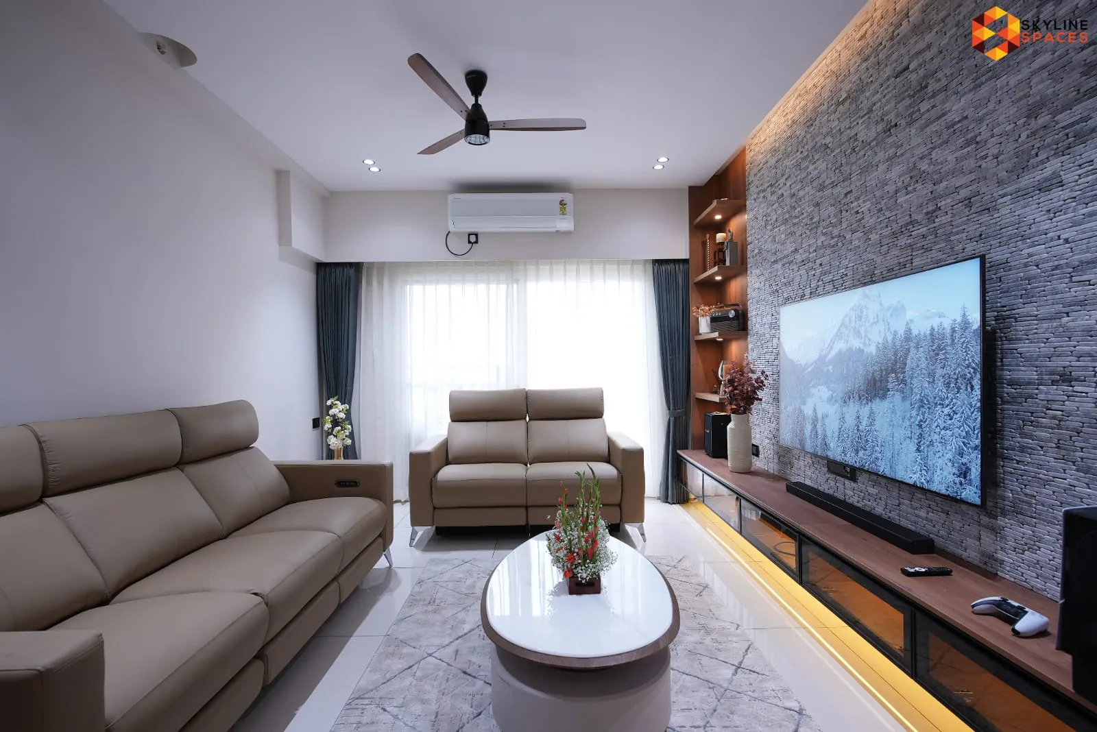 Signature tier living room TV feature wall with stone cladding, Bangalore