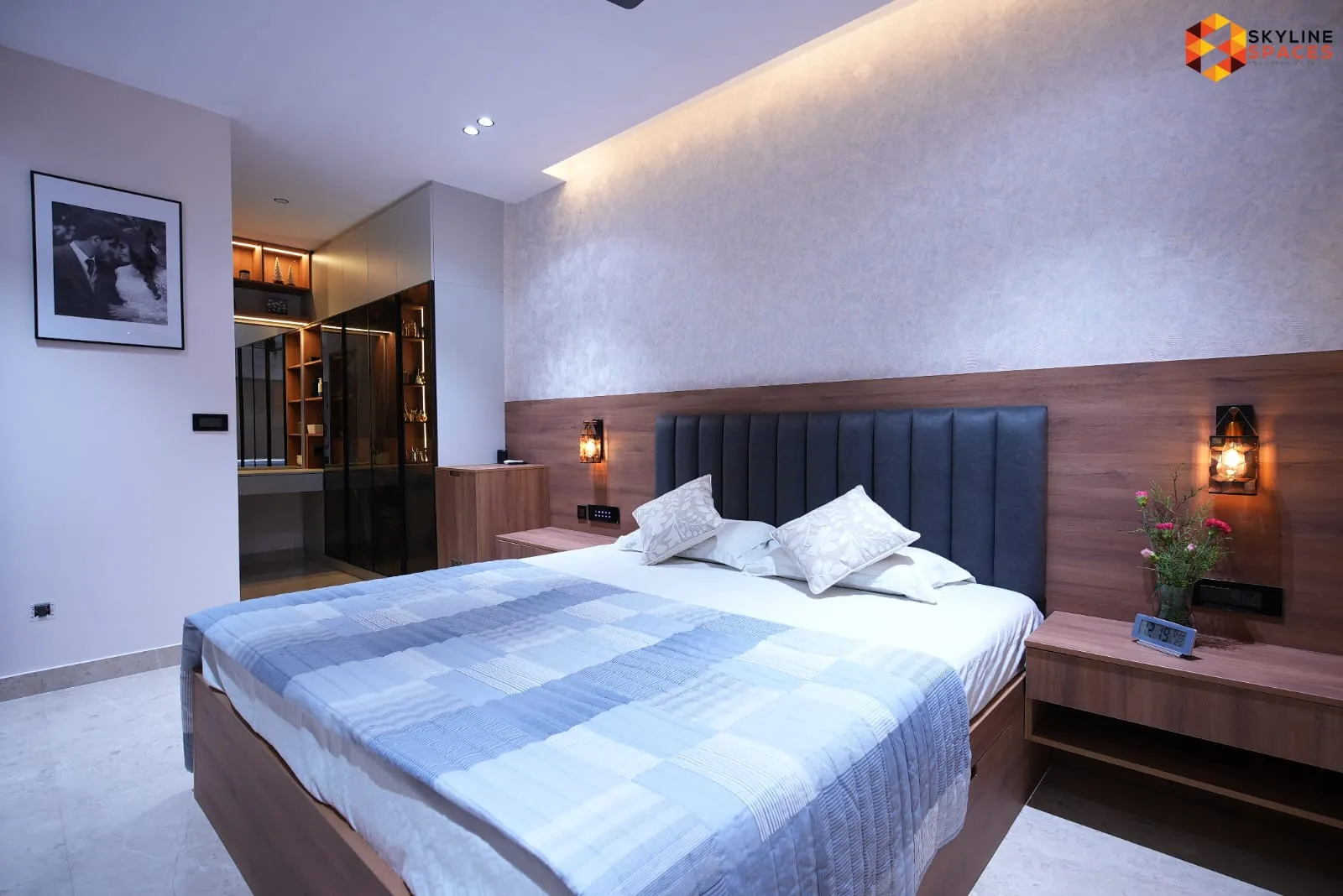 Signature tier walk-in wardrobe with glass-front shutters, Bangalore