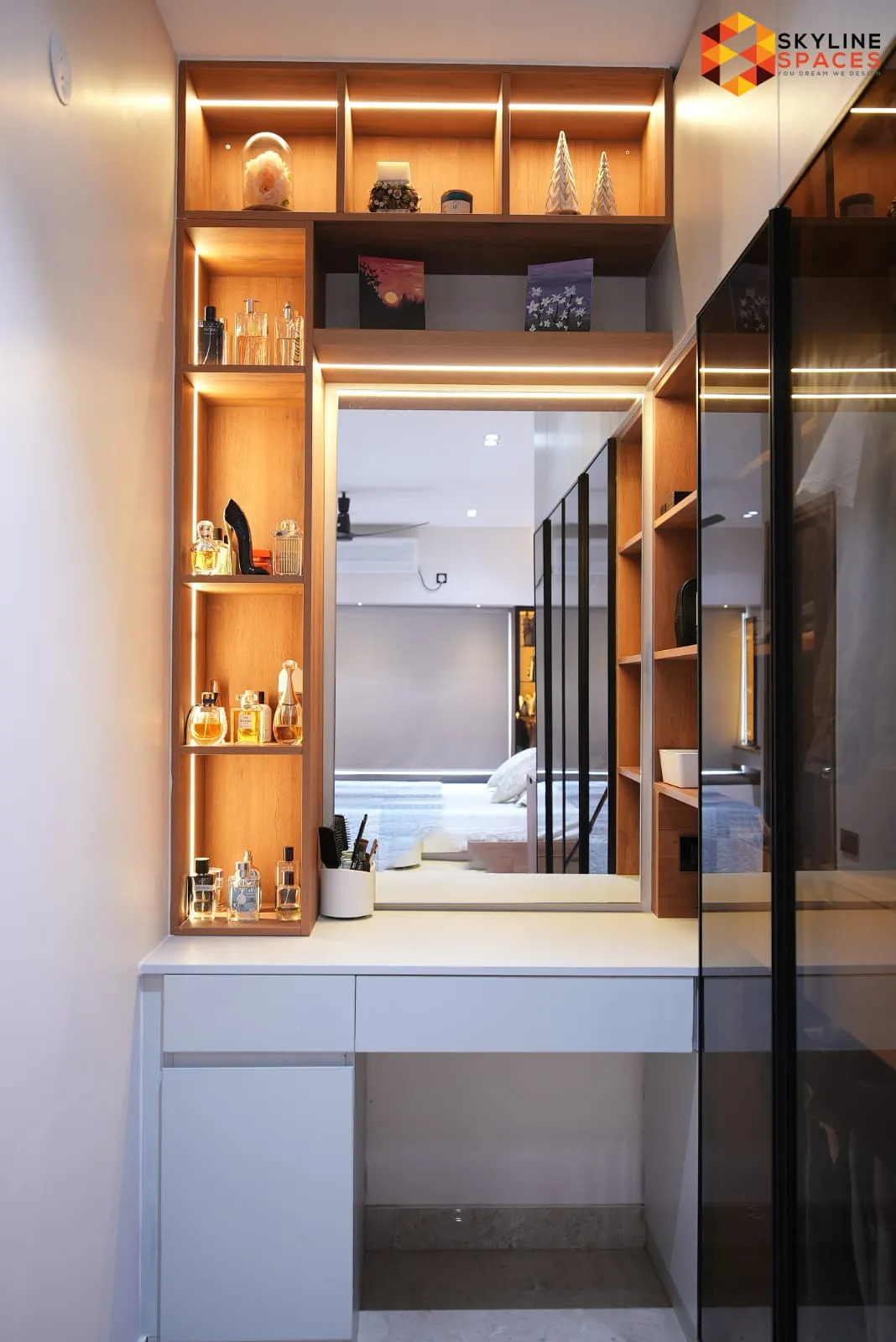 Signature tier dressing unit with backlit shelving and mirror, Bangalore