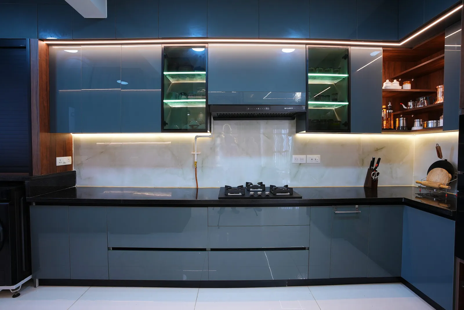 Signature tier modular kitchen with navy blue cabinets, Bangalore