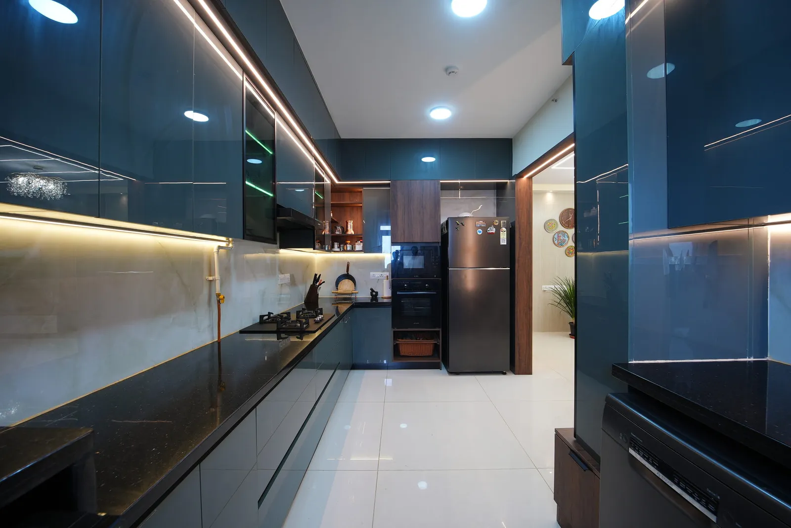 Signature tier L-shaped modular kitchen with fridge, Bangalore