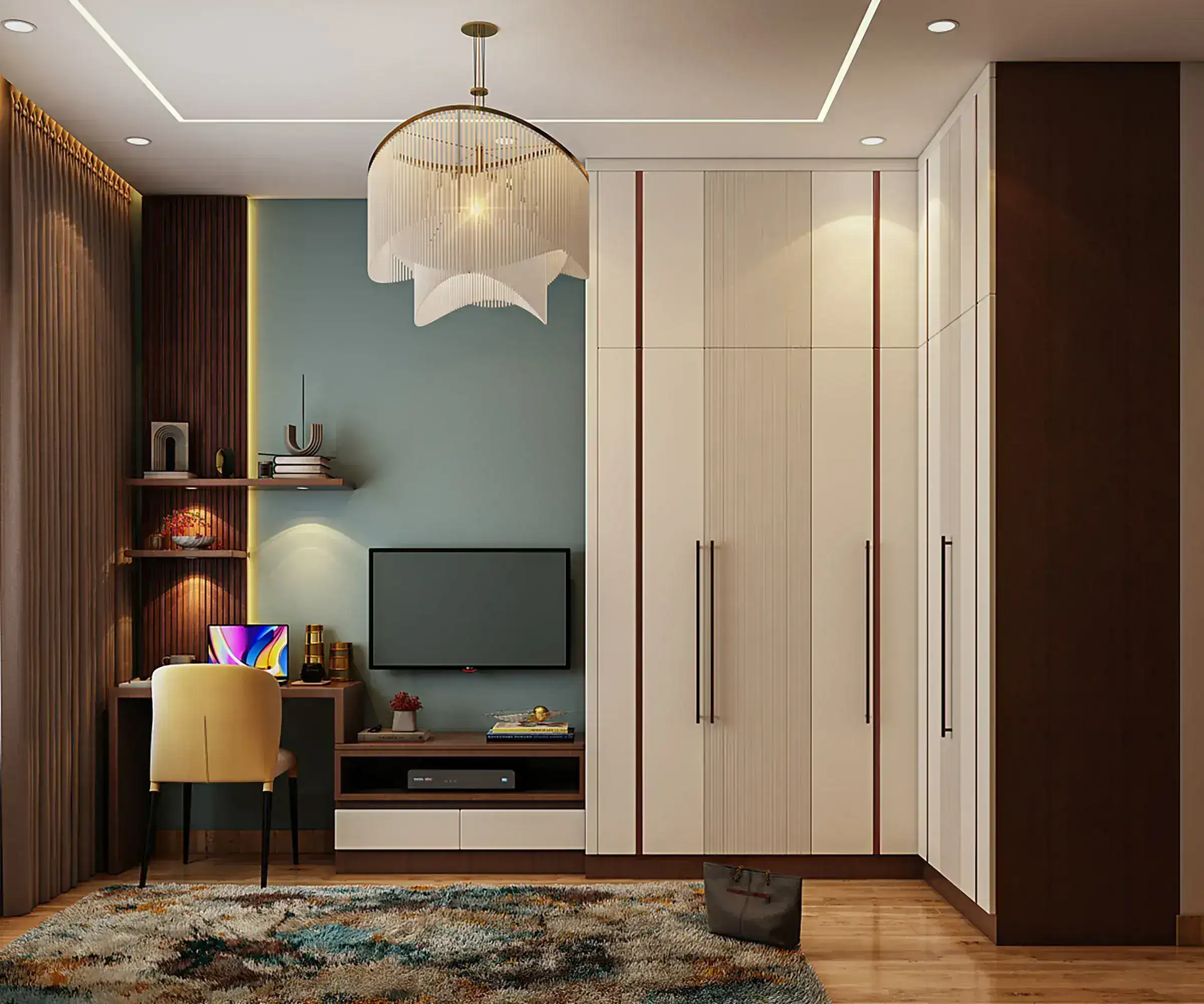 Floor-to-ceiling custom hinged wardrobe with lofts in a Bangalore bedroom by Skyline Spaces