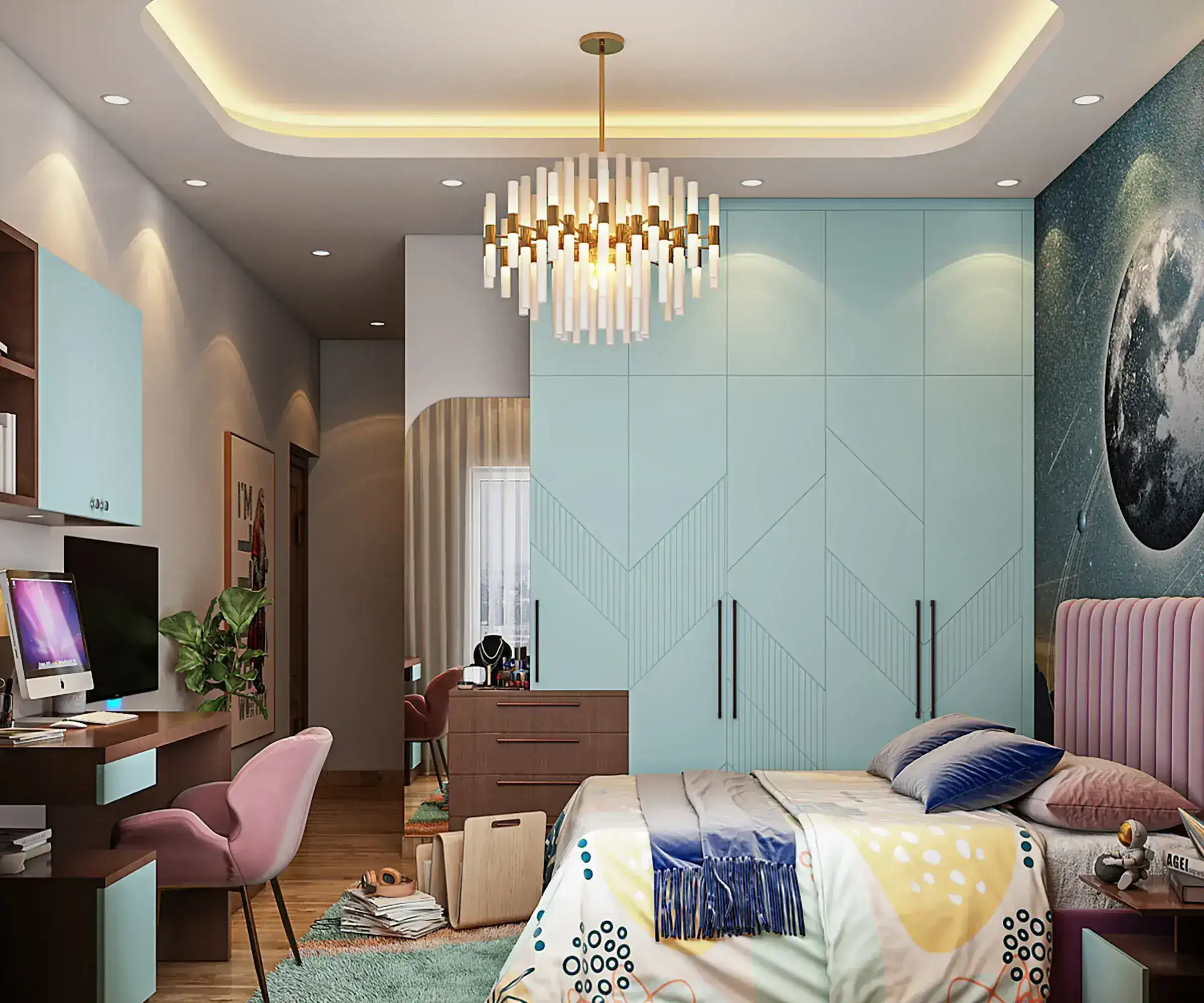Hinged wardrobe with patterned shutters and soft-close hardware in a Bangalore bedroom