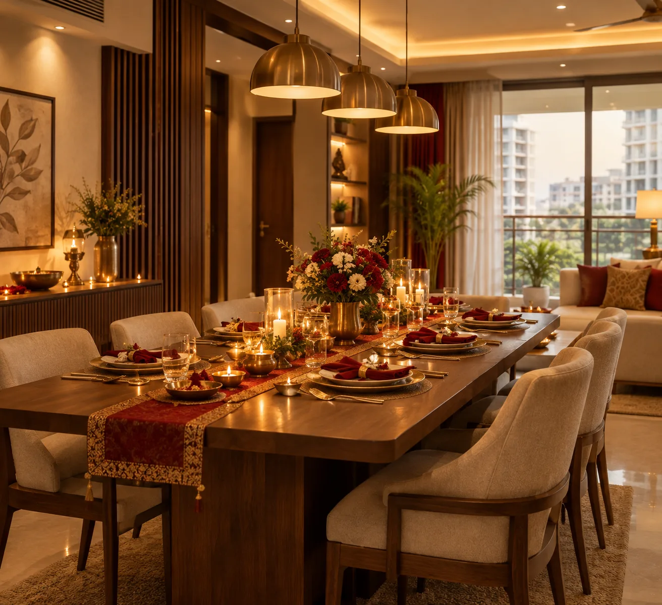 Dining table set for festive season hosting with a runner, candles and fresh flowers in a Bangalore home