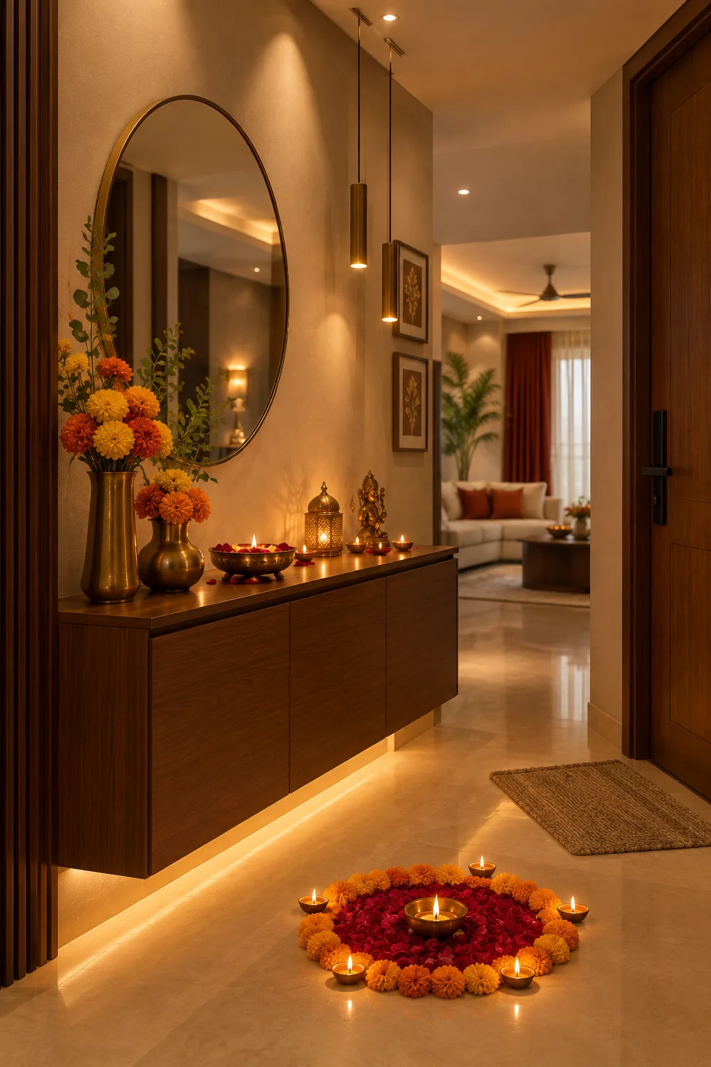 Foyer console table styled for Diwali with fresh flowers, brass diyas and a floor rangoli in a Bangalore home