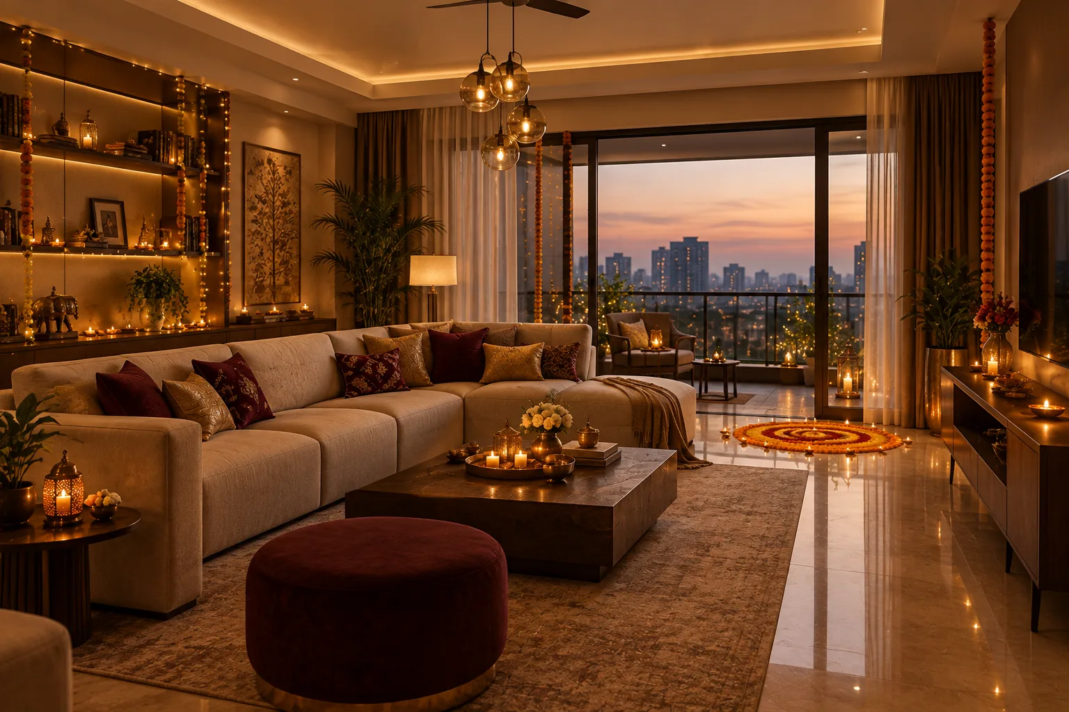 Festive season living room decorated for Diwali in a Bangalore apartment, warm lighting and rangoli