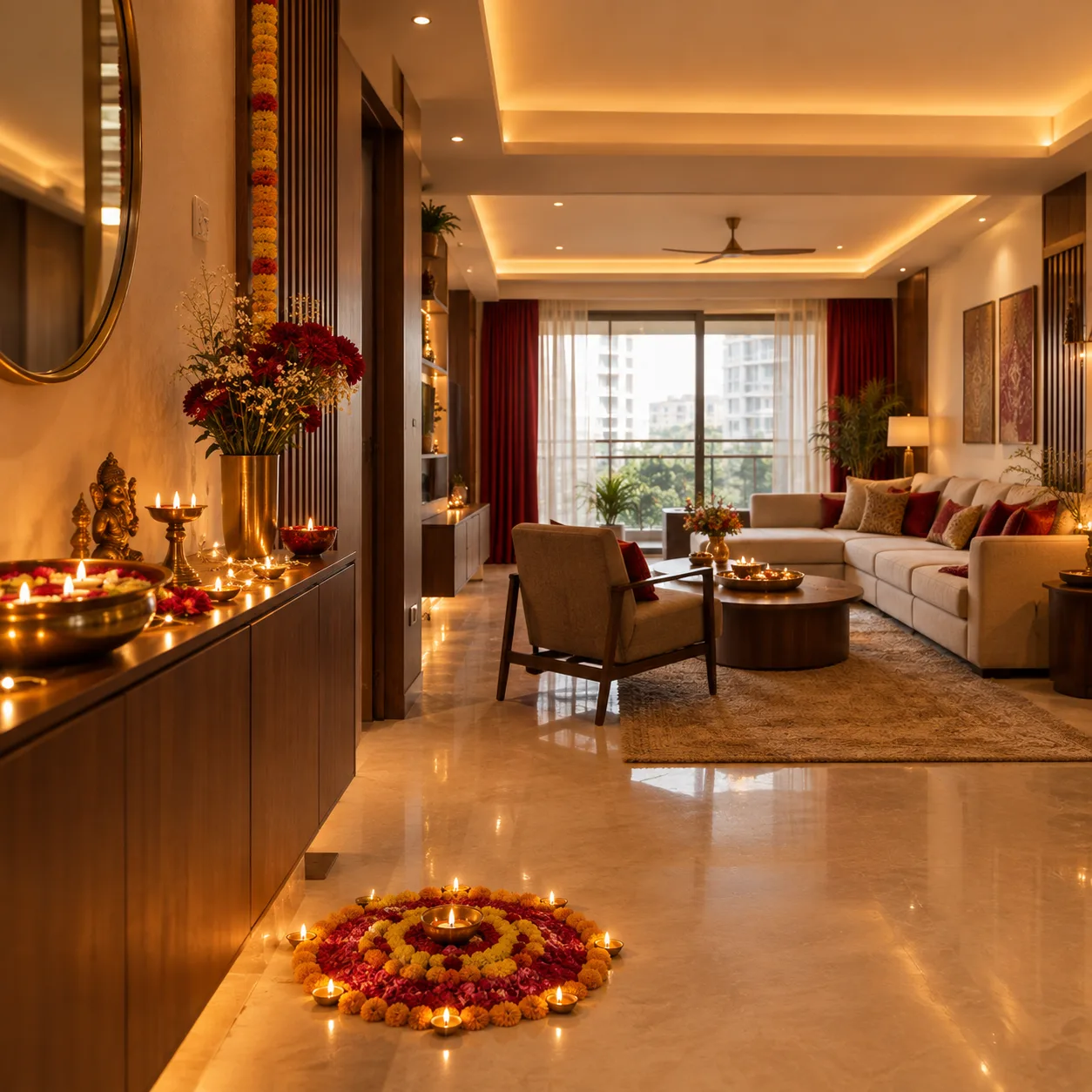 Pooja corner and hallway console decorated for Diwali with diyas, marigolds and a floor rangoli in a Bangalore apartment