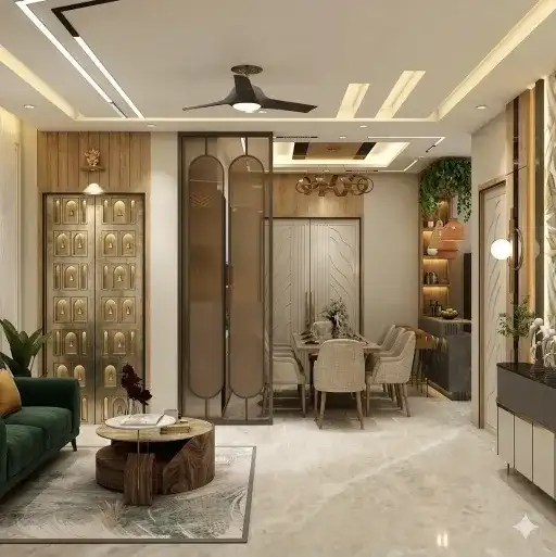 Living and puja room design detail by Skyline Spaces
