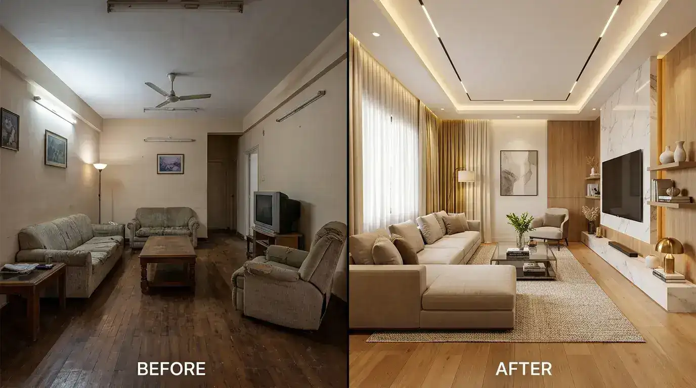 Living room renovation interior Bangalore by Skyline Spaces