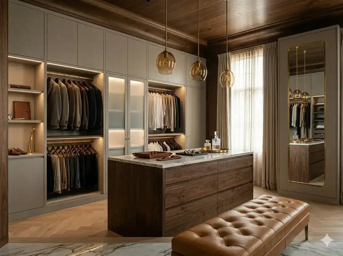 Walk-in wardrobe with open shelving, glass shutters and a central island