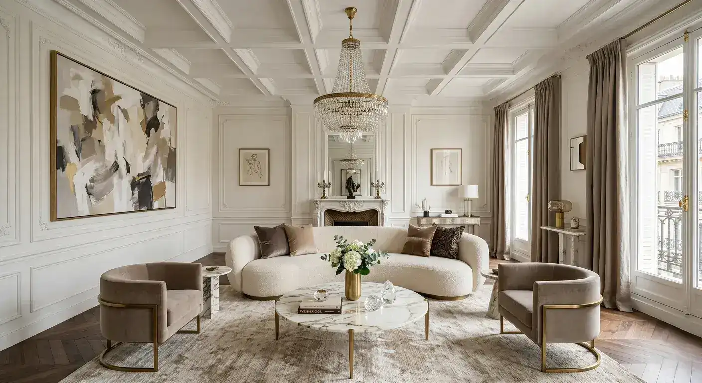 Finished living room with a curved cream sofa, marble coffee table and panelled walls